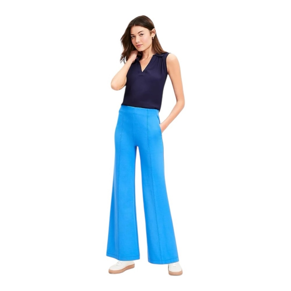 NWT LOFT Blue Ponte Wide-Leg Pants Preppy Colorful High-Rise 70s Flare Petite M